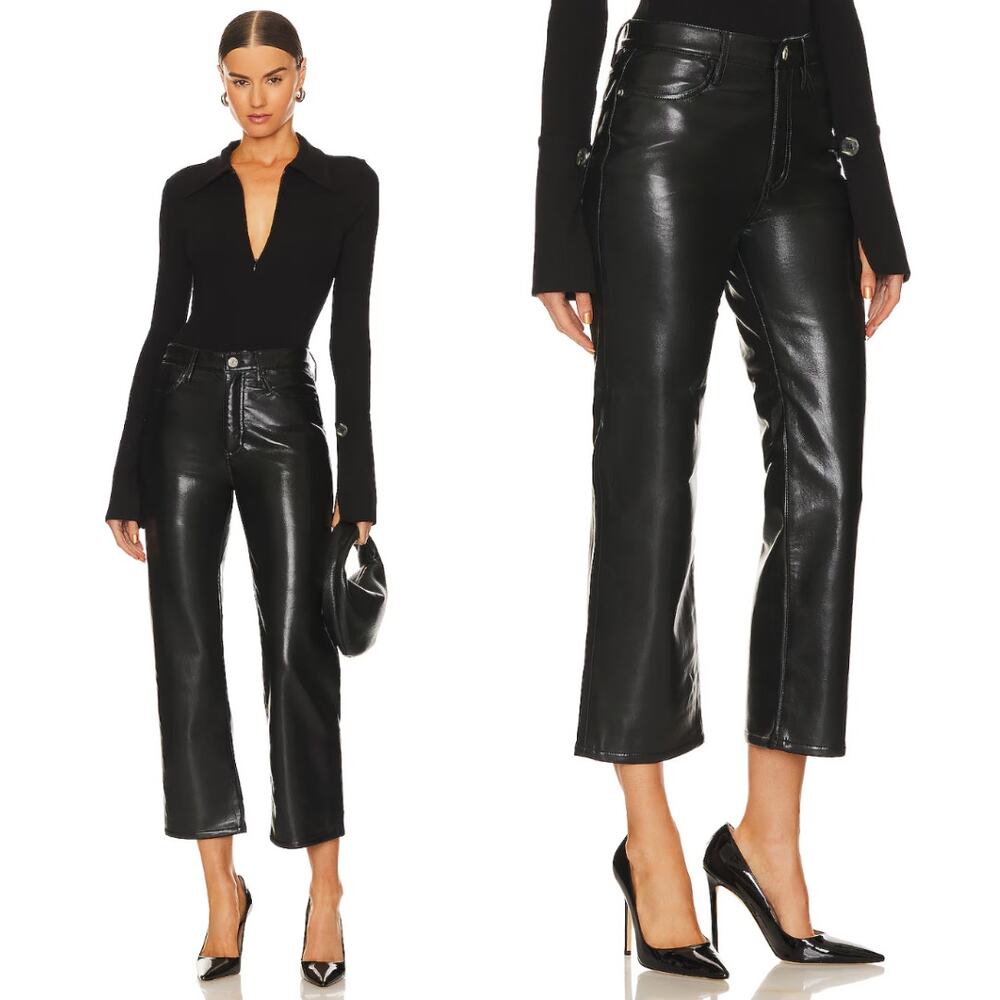 FRAME | NWT Le Jane Crop Black Leather Jeans in Noir Size 24